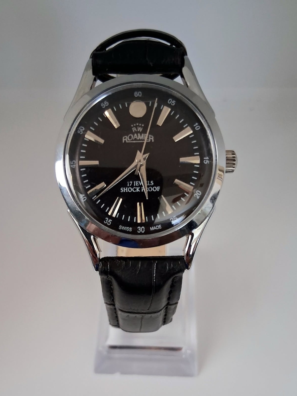 Vintage Roamer Men's Leather Mechanical Black & Silver Watch RARE